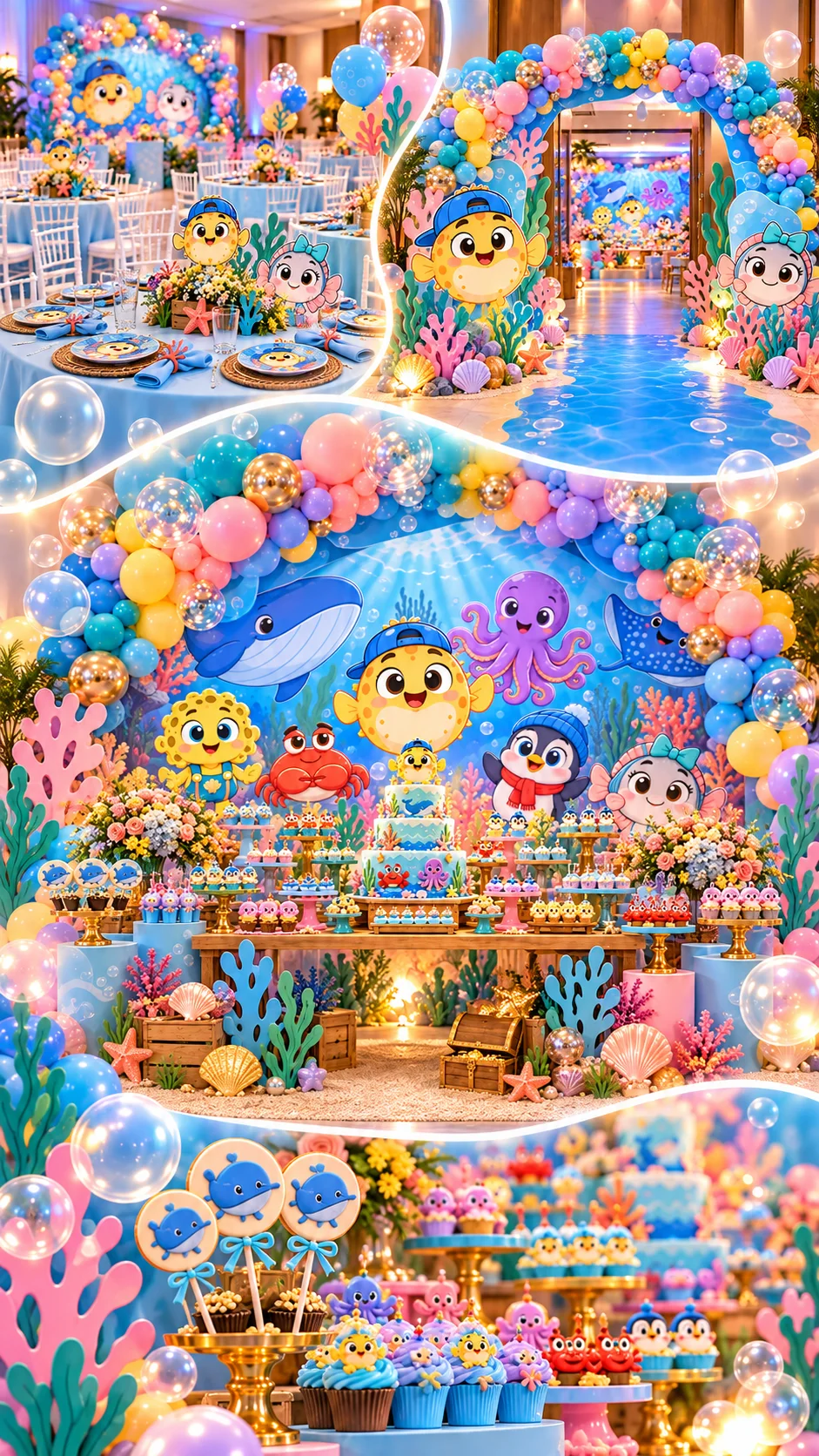 Festa com a decoração do fundo do mar e a turma do Zé